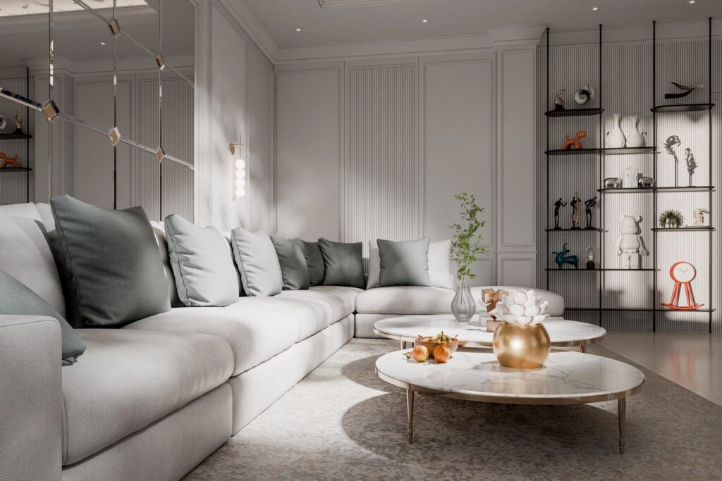 Living room interior. 3D generated image.