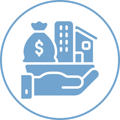 Hand holding money bag and buildings icon.