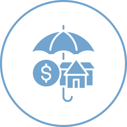 Umbrella covering house and money symbol.