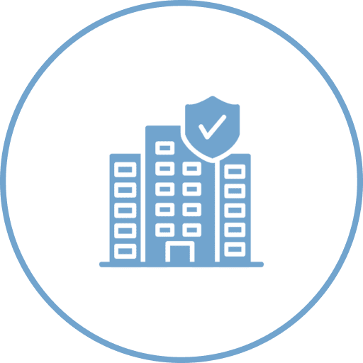 Building with shield and check mark icon.
