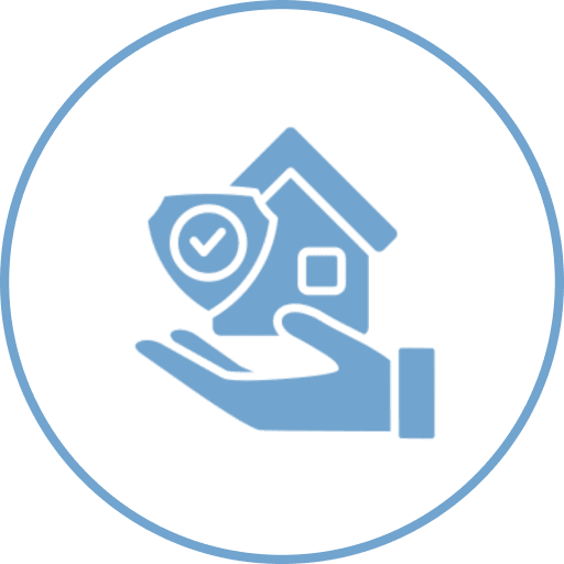 Hand holding house and shield icon.