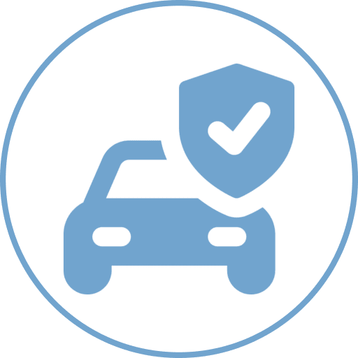Car with shield and checkmark icon.