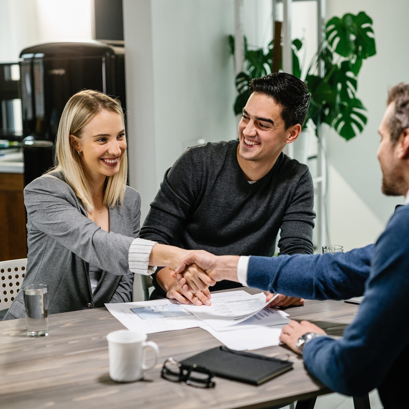 Smiling couple shaking hands with advisor